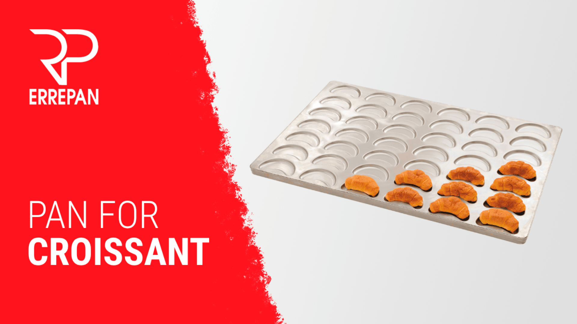 A metal baking tray with nine golden-brown croissants, alongside the text PAN FOR CROISSANT and the ERREPAN logo on a red and white background.