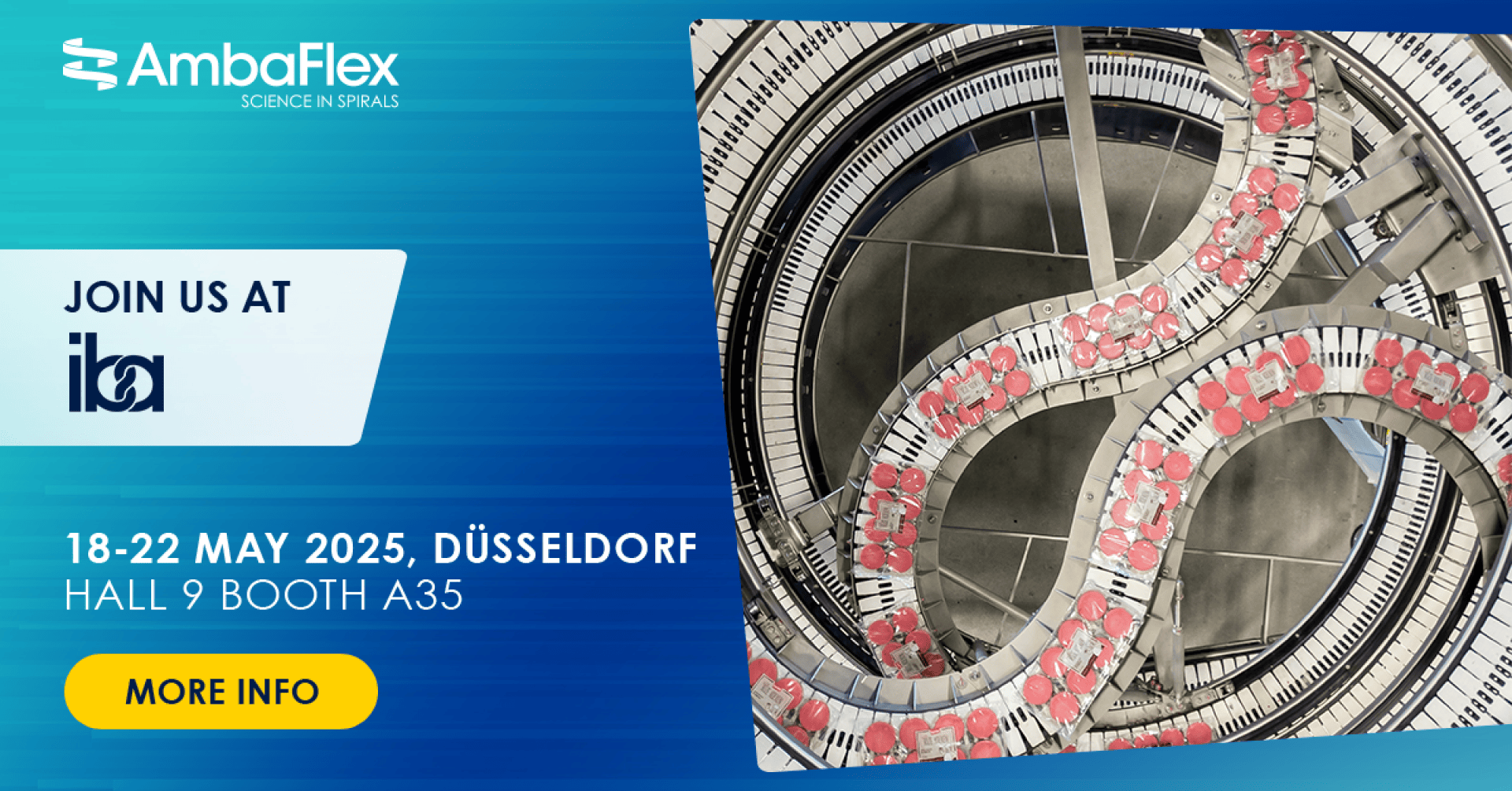 Werbebanner für AmbaFlex auf der Interpack 2025 in Düsseldorf mit einem Spiralfördersystem und Veranstaltungsdetails: 18.-22. Mai 2025, Halle 9, Stand A35, mit blauem Hintergrund und „Weitere Informationen“-Button.