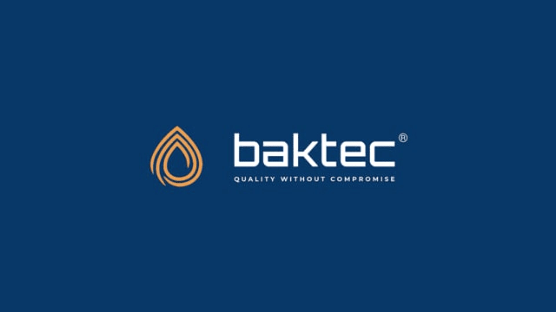 Baktec logo on a blue background with a golden abstract water drop symbol and the slogan Quality Without Compromise below the white baktec text.