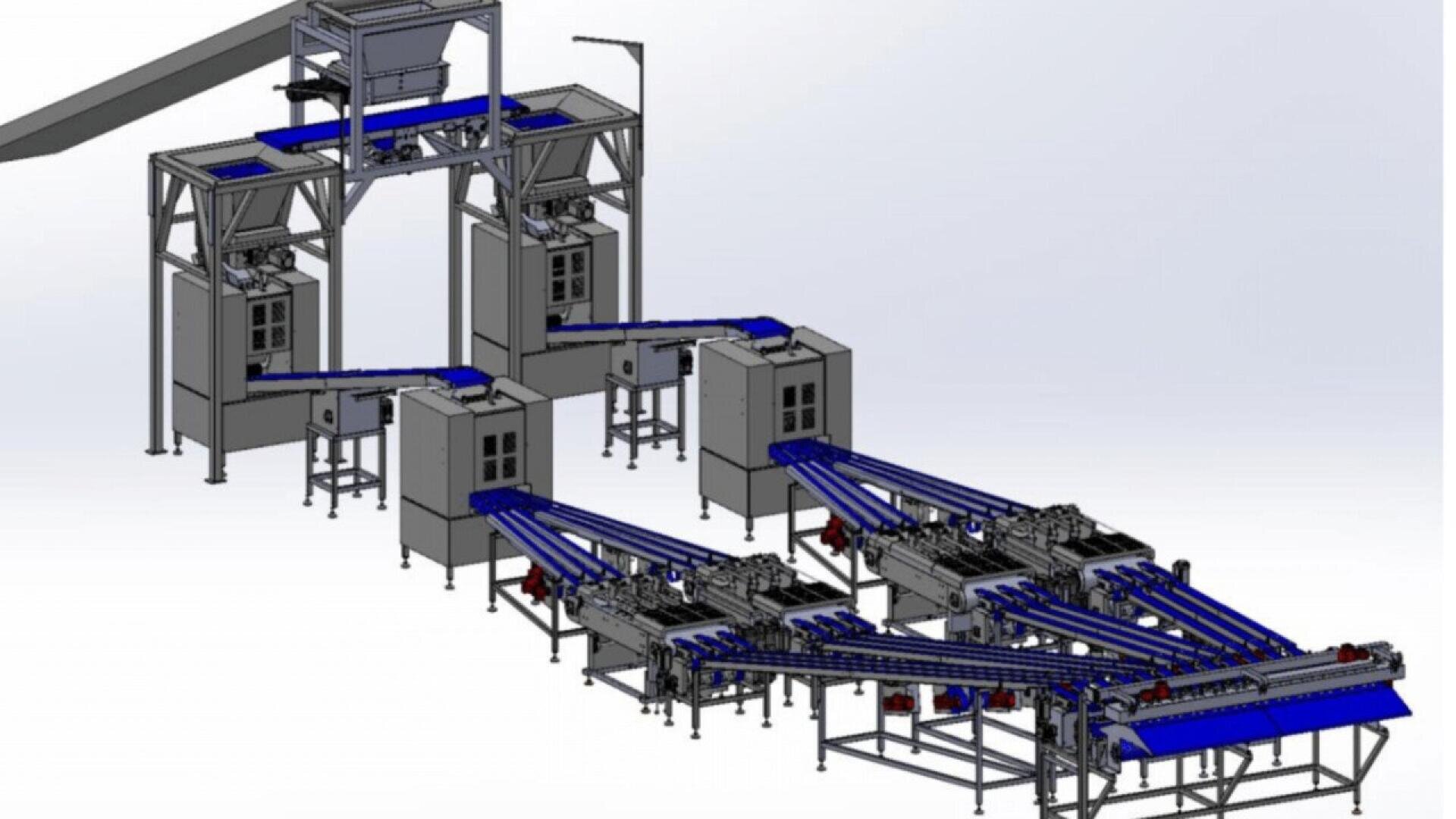 Eine 3D-Darstellung eines industriellen Förderbandsystems mit mehreren blauen Bändern, Metallrahmen und Sortiermaschinen, die in einem komplexen, miteinander verbundenen Layout angeordnet sind.