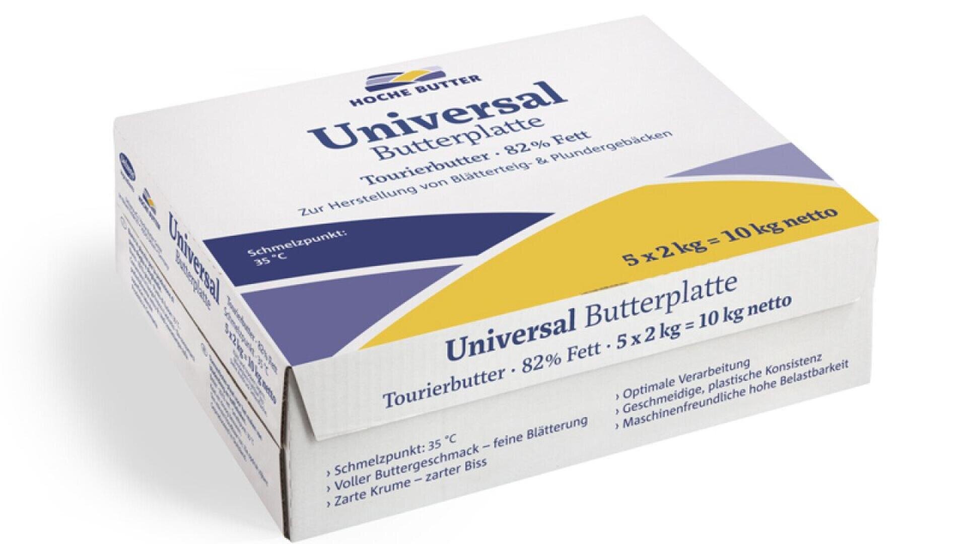A rectangular box of Hoche Butter Universal Butterplatte, labeled 82% fat, 5 x 2 kg = 10 kg net, for baking and pastry use. The packaging is mostly white with blue and yellow accents.