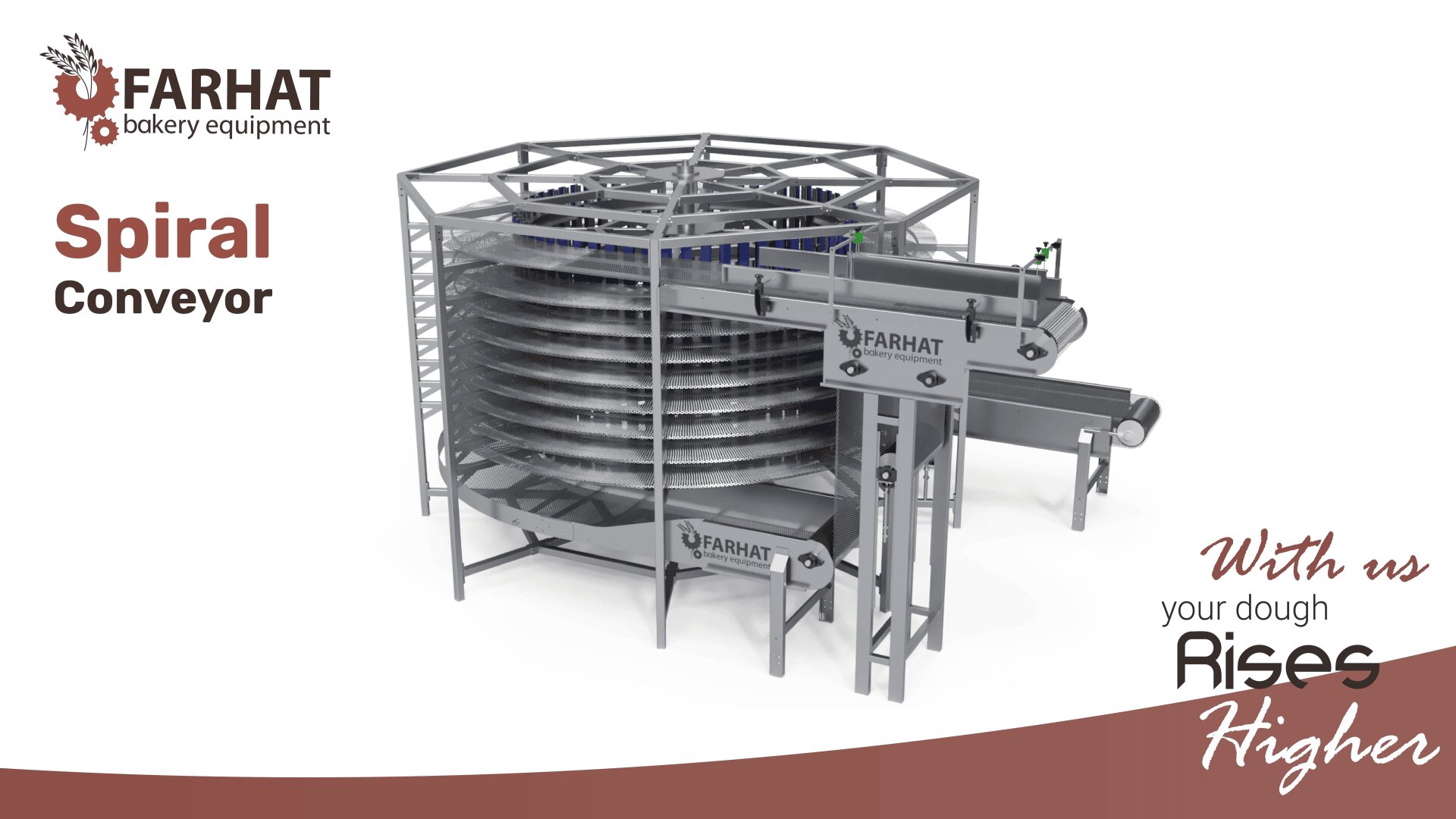 A 3D-rendered industrial spiral conveyor machine with Farhat Bakery Equipment branding. Text reads “Spiral Conveyor” and “With us your dough Rises Higher.”.