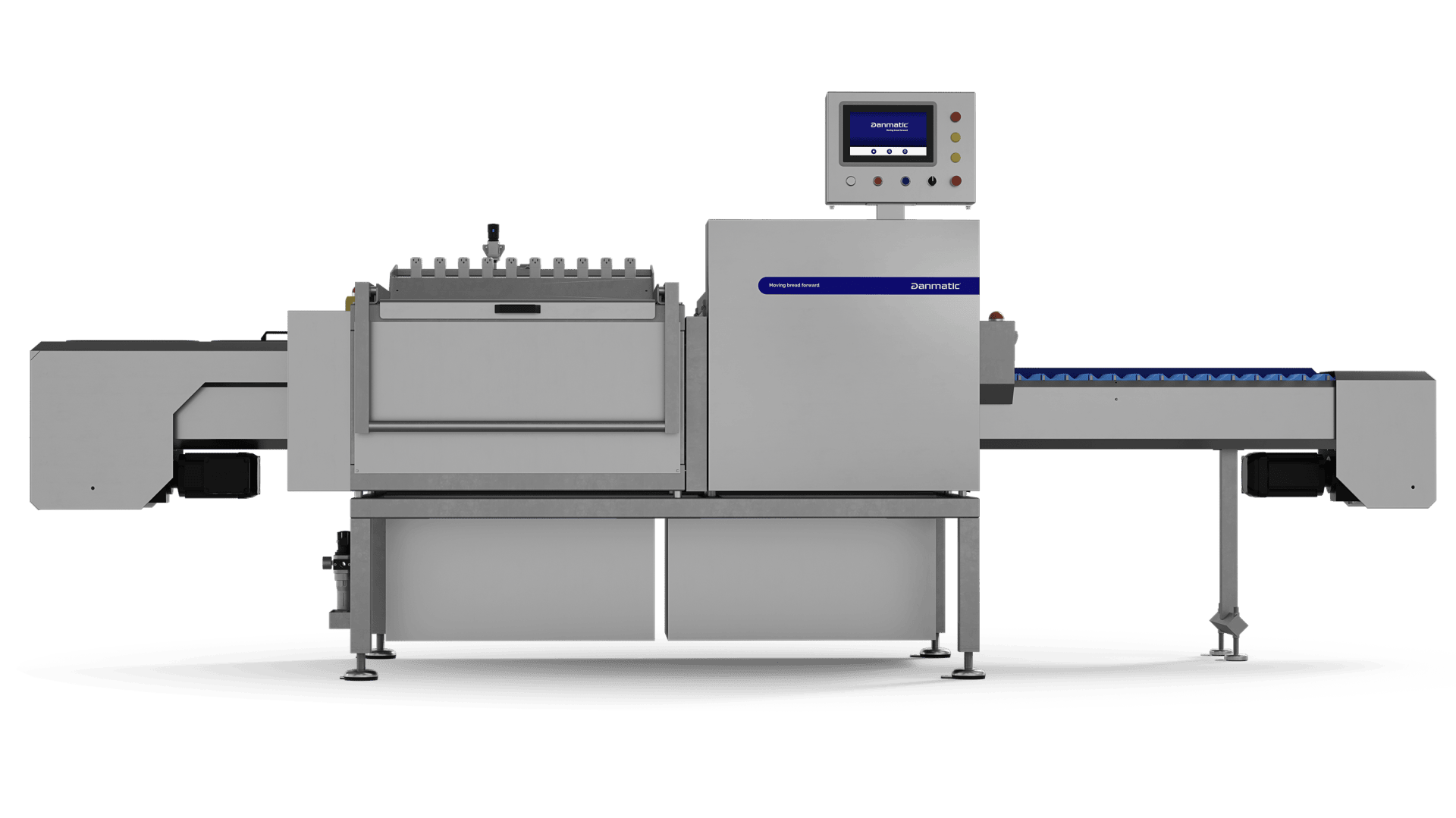 Industrial food packaging machine with a digital control panel, conveyor belts on both sides, and a stainless steel body, designed for automated food processing and packaging.