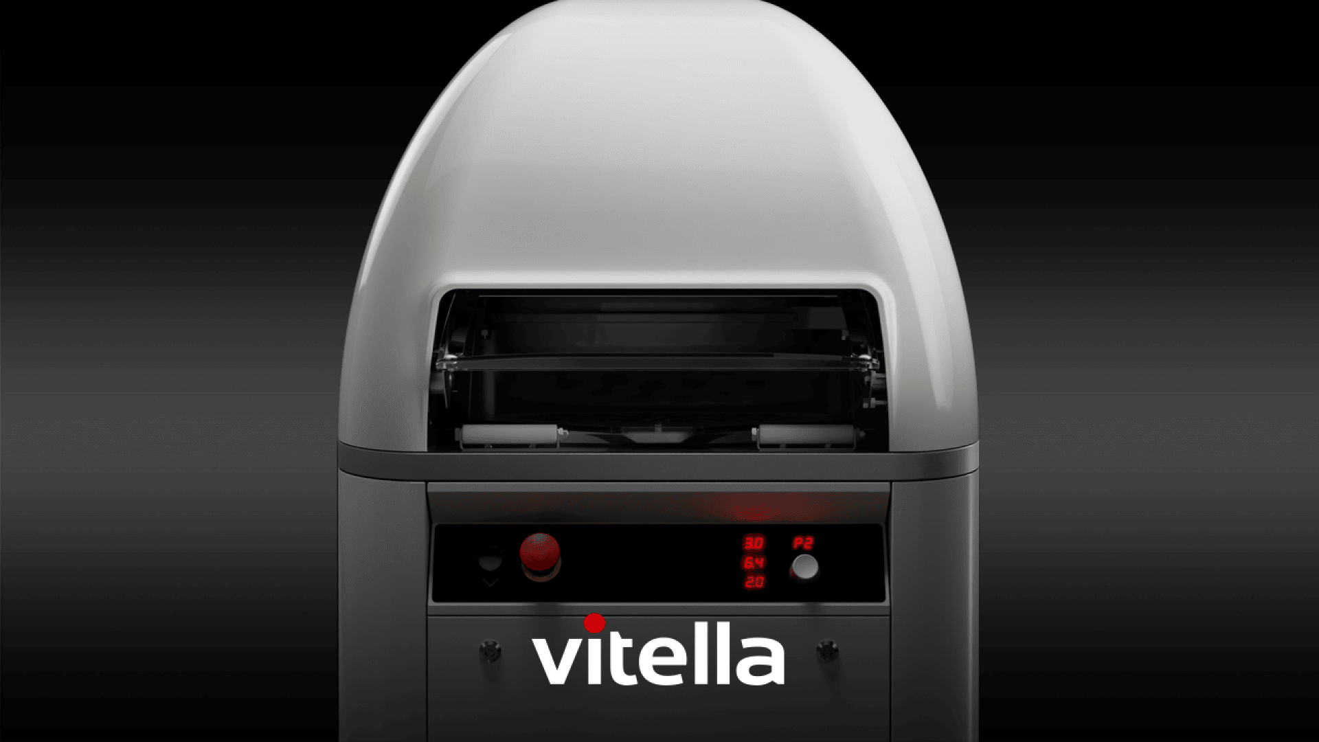Nahaufnahme einer modernen, grauen Vitella-Maschine mit digitaler Anzeige, Tasten und dem Vitella-Logo auf der Vorderseite vor einem dunklen Hintergrund.