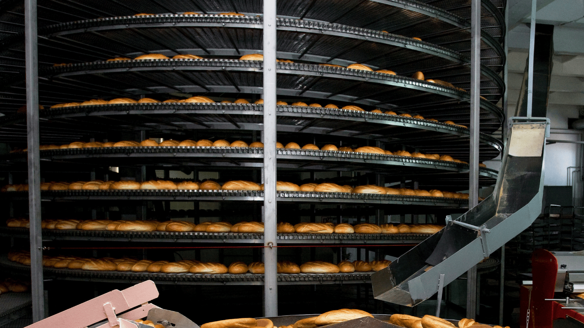 In einer industriellen Bäckerei sind Reihen von frisch gebackenen Broten auf großen, runden, mehrstöckigen Metallregalen gestapelt, wobei Metallrutschen und Maschinen in der Nähe sichtbar sind.