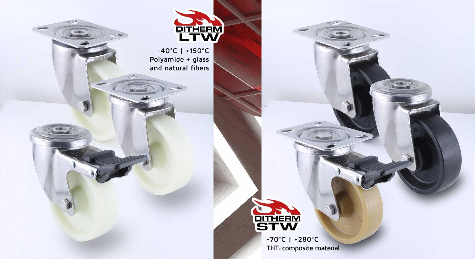 Four industrial caster wheels are shown; the left pair is light yellow with a metal bracket, labeled for use from -40°C to 150°C, while the right pair, black and tan, is labeled for -70°C to 280°C.