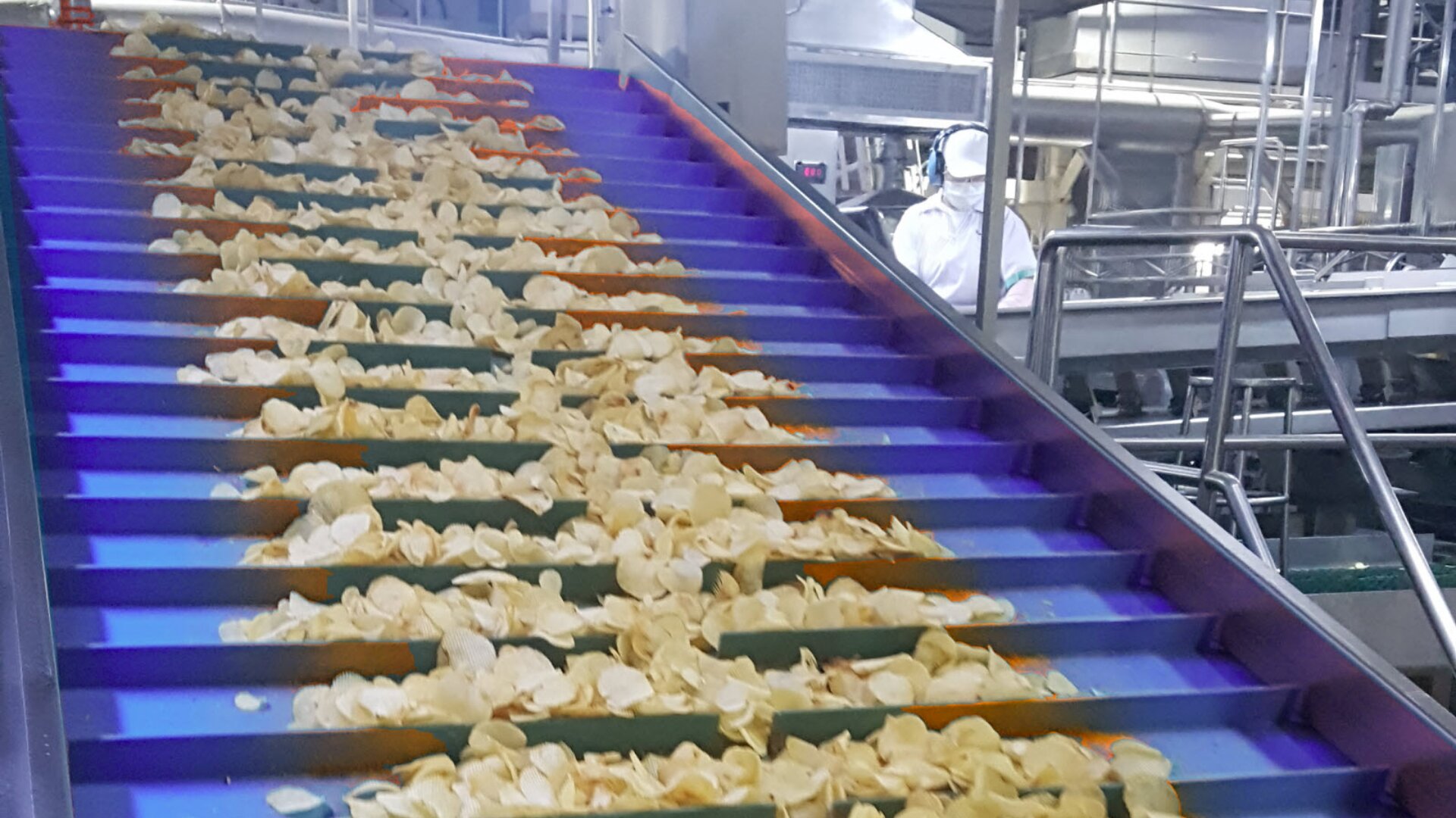 Förderband für Kartoffelchips in einer Lebensmittelfabrik, im Hintergrund ist ein Arbeiter in Schutzkleidung inmitten von Edelstahlgeräten zu sehen.