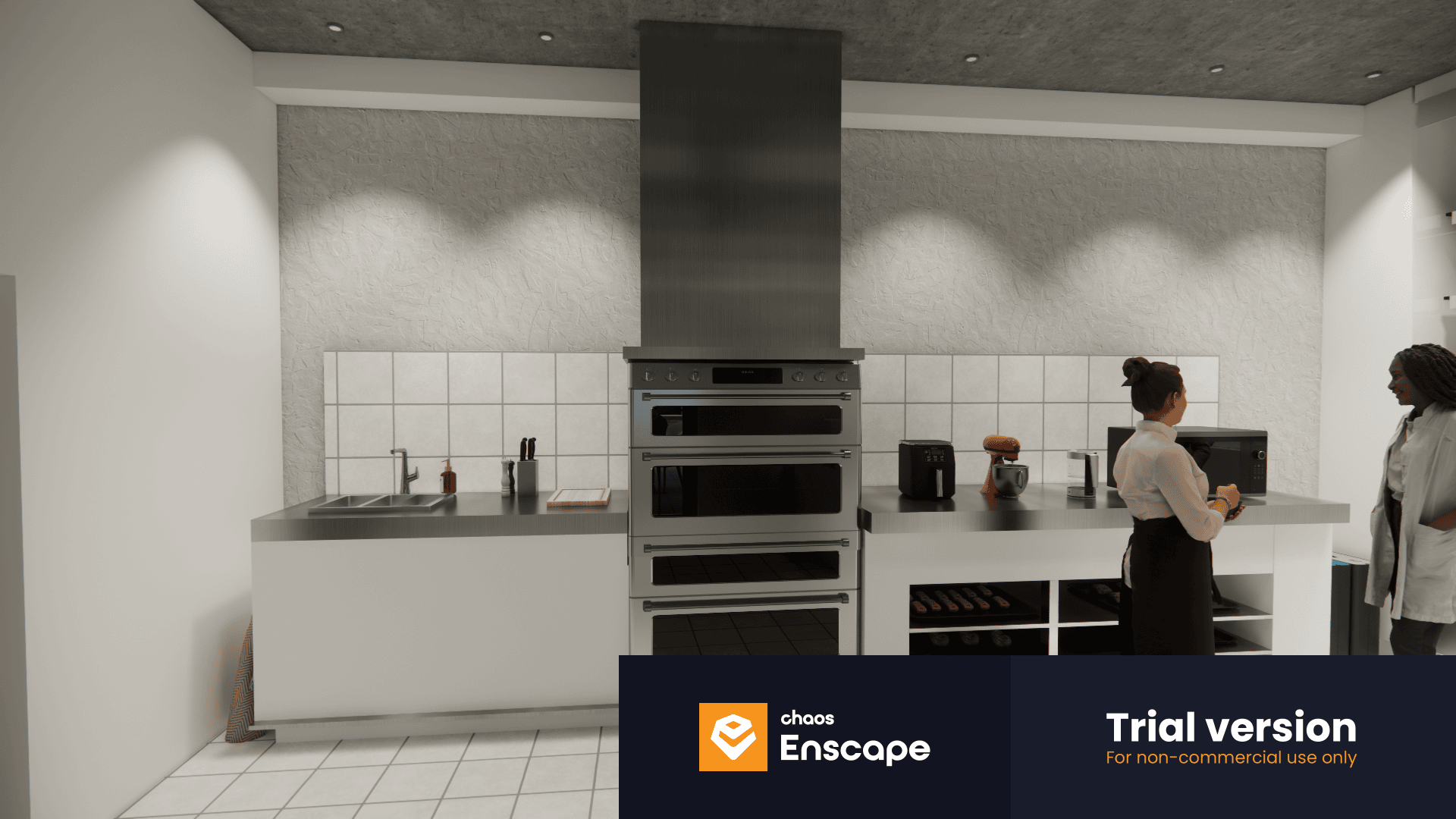 A modern kitchen with white cabinets, double ovens, a range hood, a sink, and kitchen appliances. Two people stand near the countertop. Enscape Trial Version watermark appears at the bottom right.
