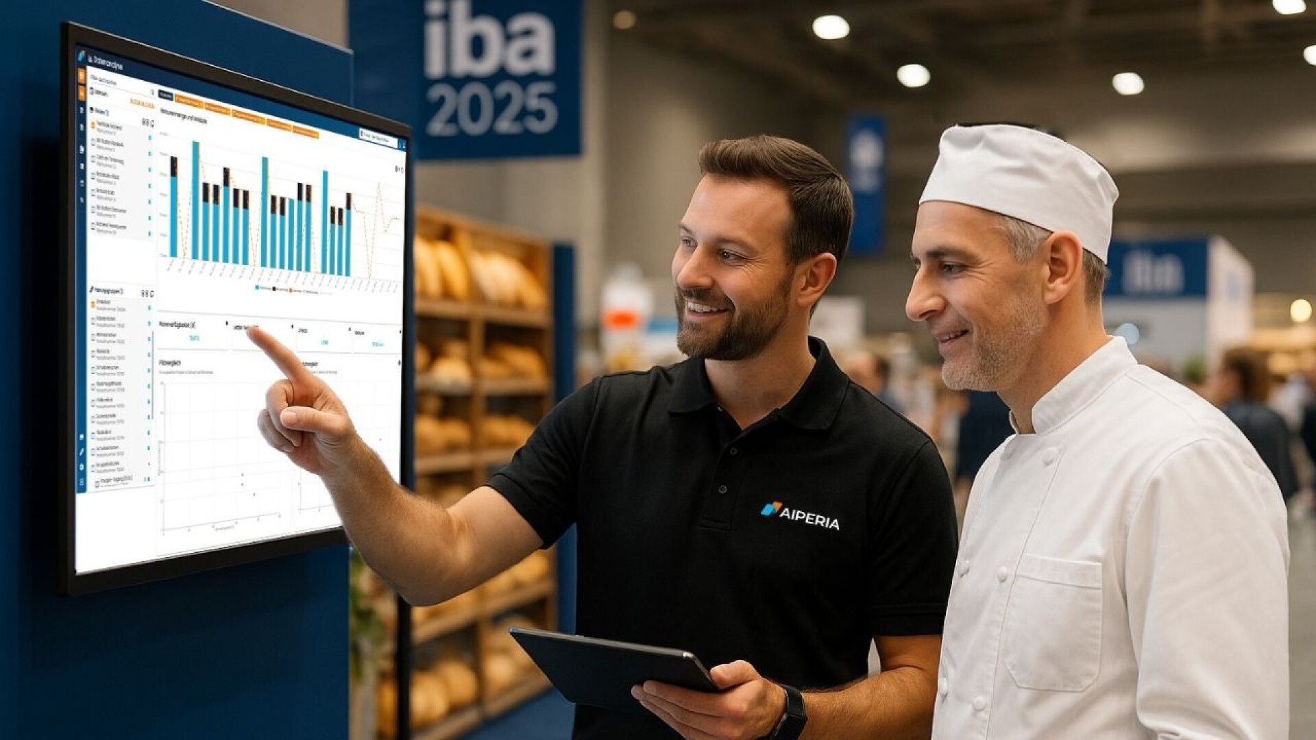 Two men, one in a black polo shirt and one in a chefs uniform, look at a large screen displaying charts and graphs at a trade show, with bread and iba 2025 signs visible in the background.