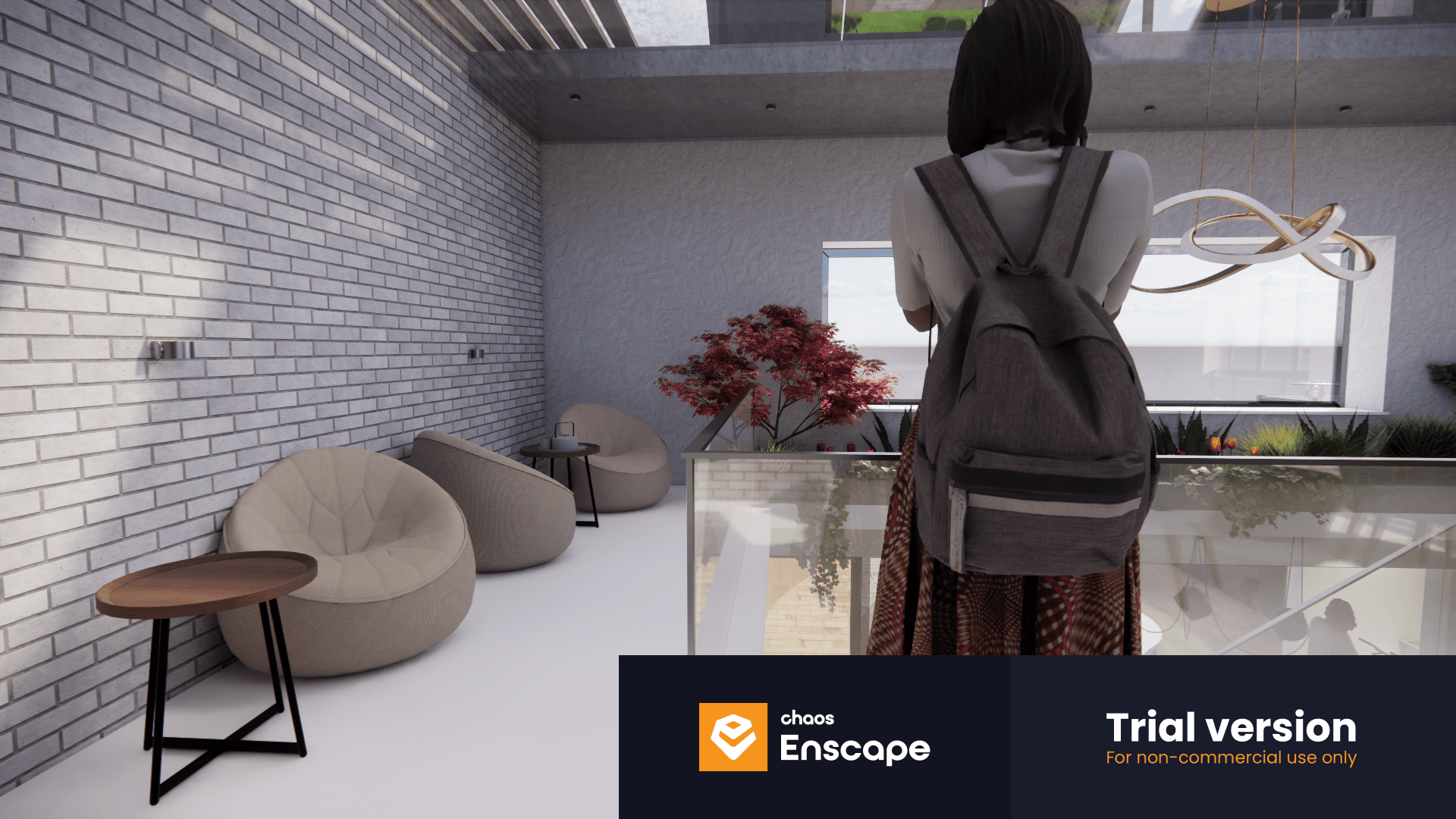 A person with a backpack stands on an indoor balcony in a modern space with white brick walls, round chairs, a small table, and a skylight. Red plants and a contemporary chandelier are visible. “Chaos Enscape Trial version” is overlaid.