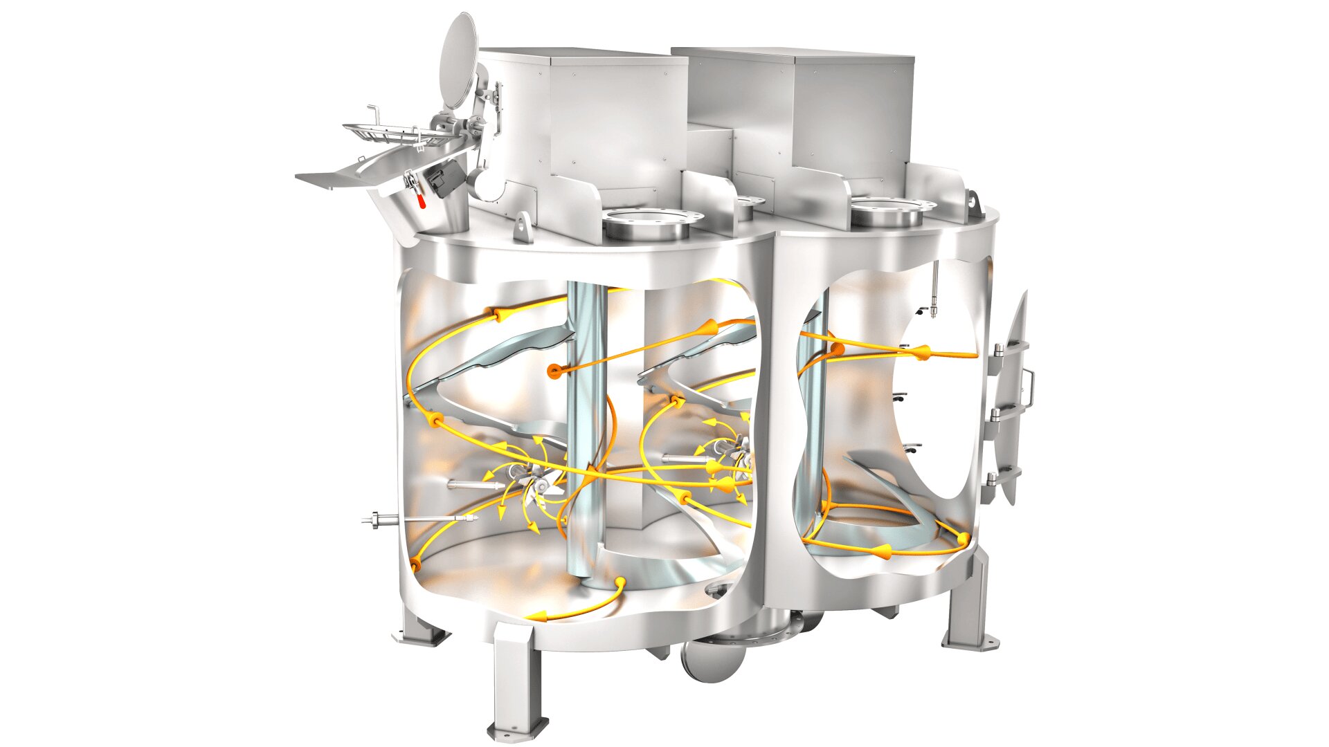A cross-section of an industrial mixing tank showing internal paddles and arrows illustrating the flow and mixing process inside the stainless steel vessel.