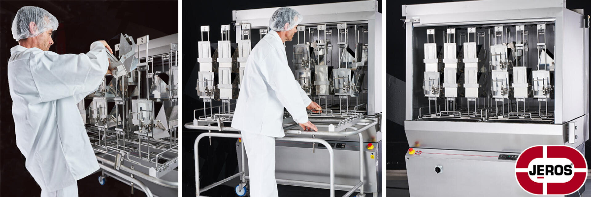 Eine Person in weißer Schutzkleidung bedient eine industrielle Waschmaschine aus rostfreiem Stahl mit mehreren Fächern. In der unteren rechten Ecke ist das JEROS-Logo zu sehen.