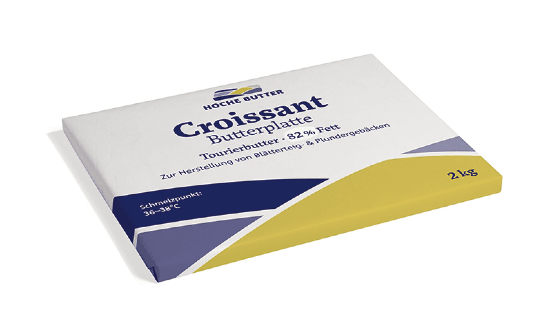 Eine rechteckige 2 kg-Verpackung mit der Aufschrift Croissant Butterplatte, mit 82% Fett, mit blauen, weißen und gelben Designelementen und deutschem Text zur Verwendung bei der Herstellung von Blätterteig und Backwaren.