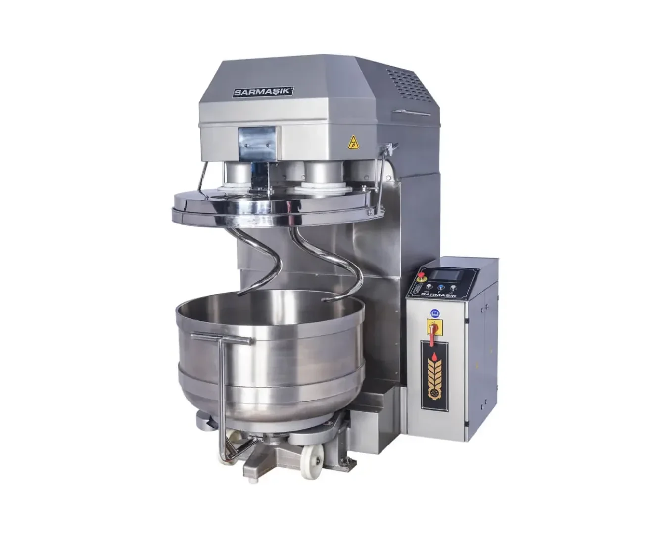 Large industrial dough mixer with a stainless steel mixing bowl and spiral attachment, control panel on the side, and a sturdy metal base, designed for commercial baking use.
