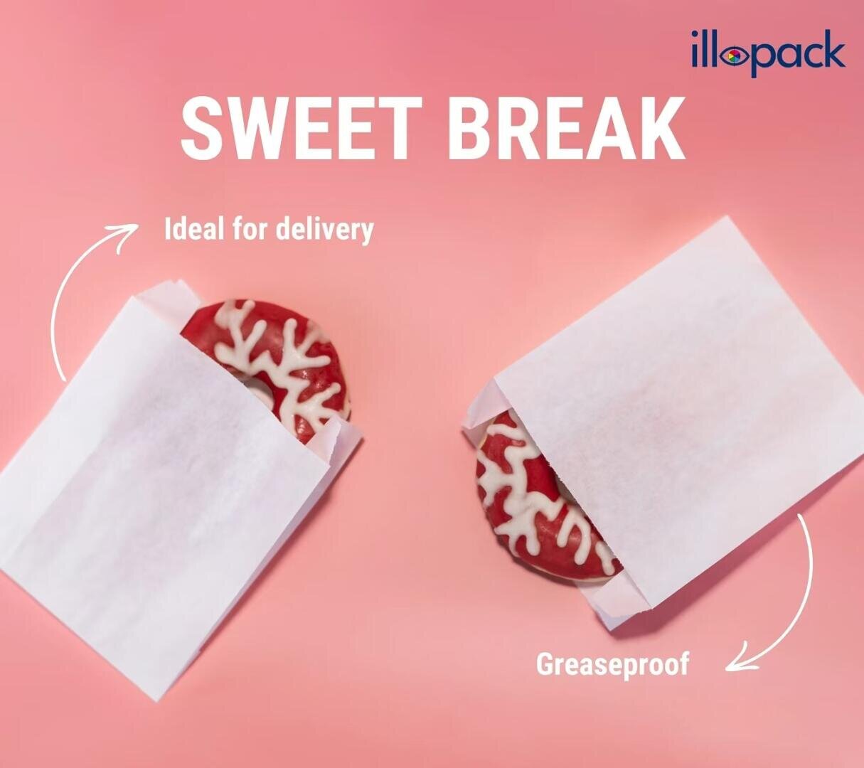 Two cookies with white icing are partially wrapped in white paper bags on a pink background. Text reads: “SWEET BREAK,” with arrows pointing to the cookies labeled “Ideal for delivery” and “Greaseproof.” Illopack logo in top right.