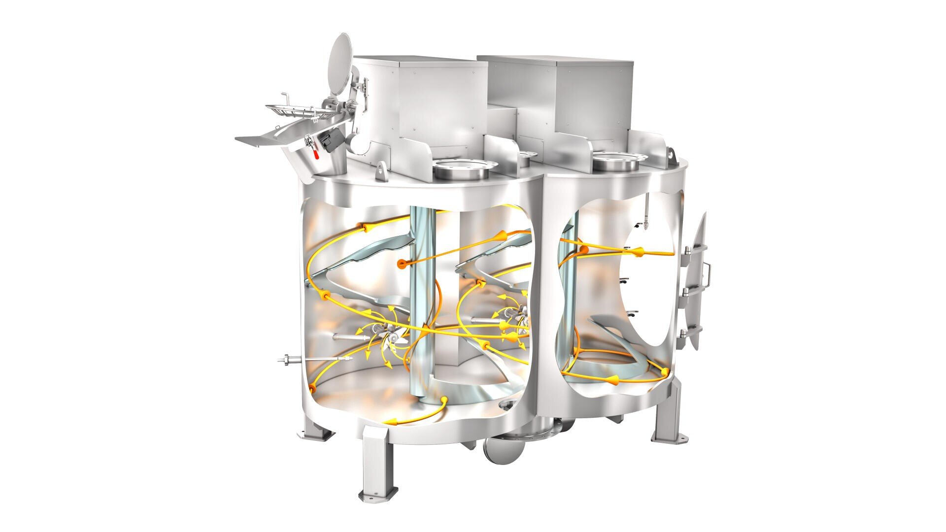 3D-Rendering eines großen Industriemischers mit teilweise transparenter Außenseite, die den Blick auf die spiralförmigen Mischflügel und die mechanischen Komponenten im Inneren einer zylindrischen Metallkammer freigibt.