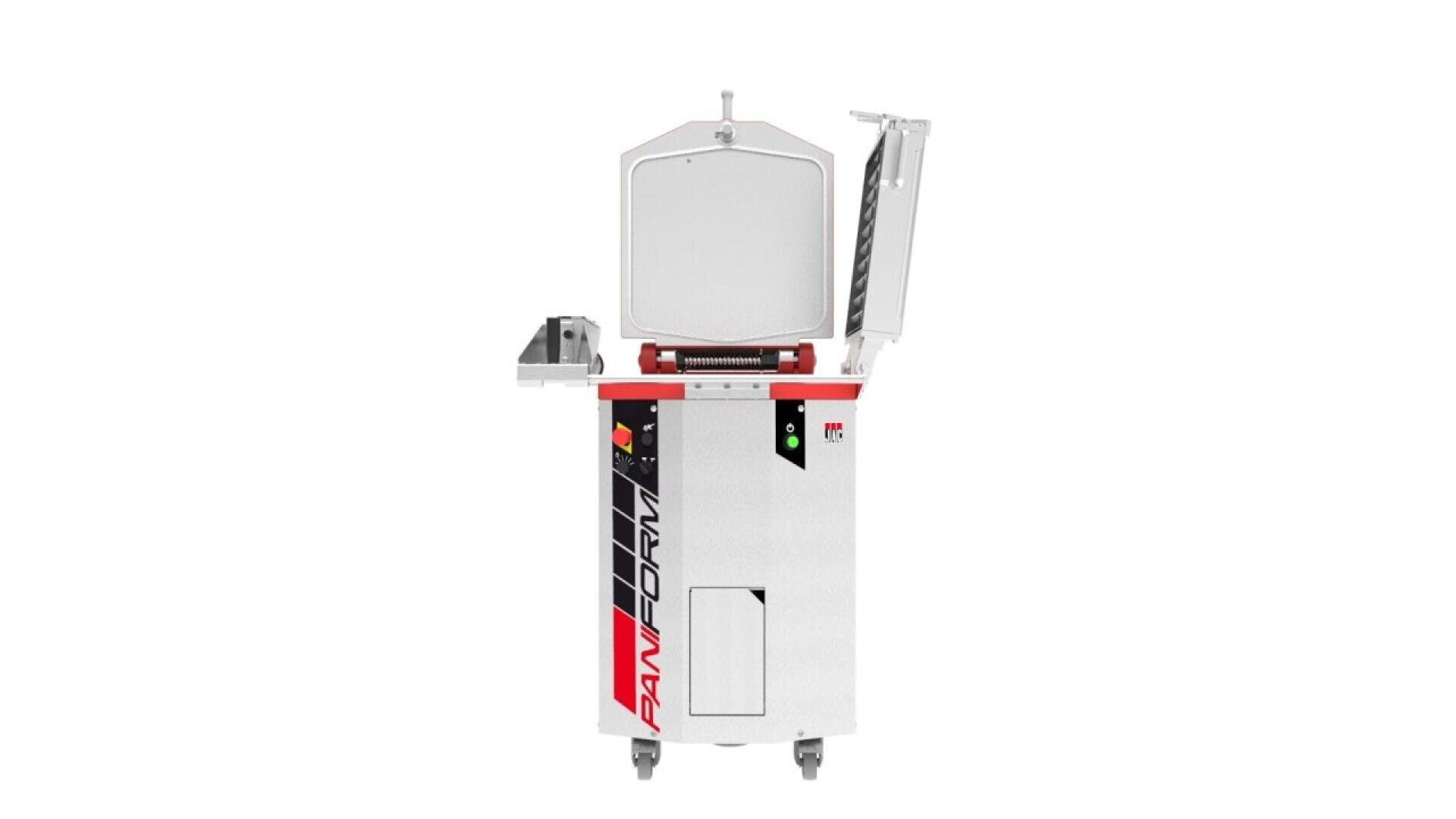 A white and red industrial machine with an open lid, control buttons, and caster wheels, viewed from the front against a plain background.