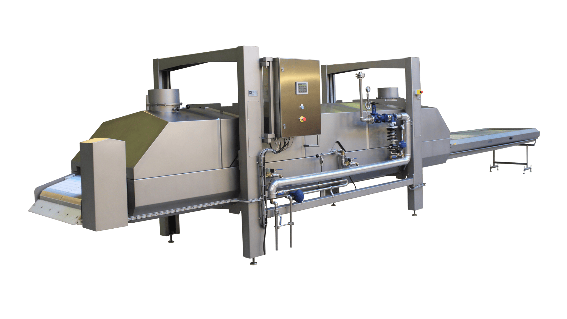 Large industrial food processing machine with conveyor belt, stainless steel plates, control panel, pipes and vents, isolated on a white background.