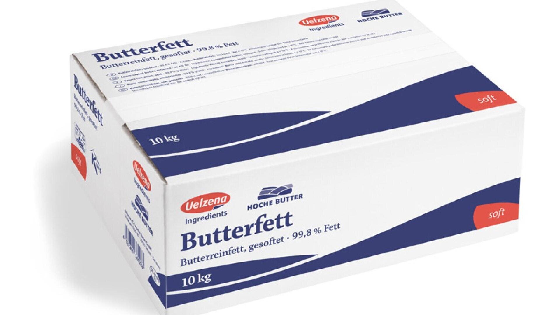 A 10 kg white and blue box labeled “Butterfett” (butterfat) from the brand Uelzena. The packaging highlights “99.8% fat” and “soft” in red on the top right and lower side.