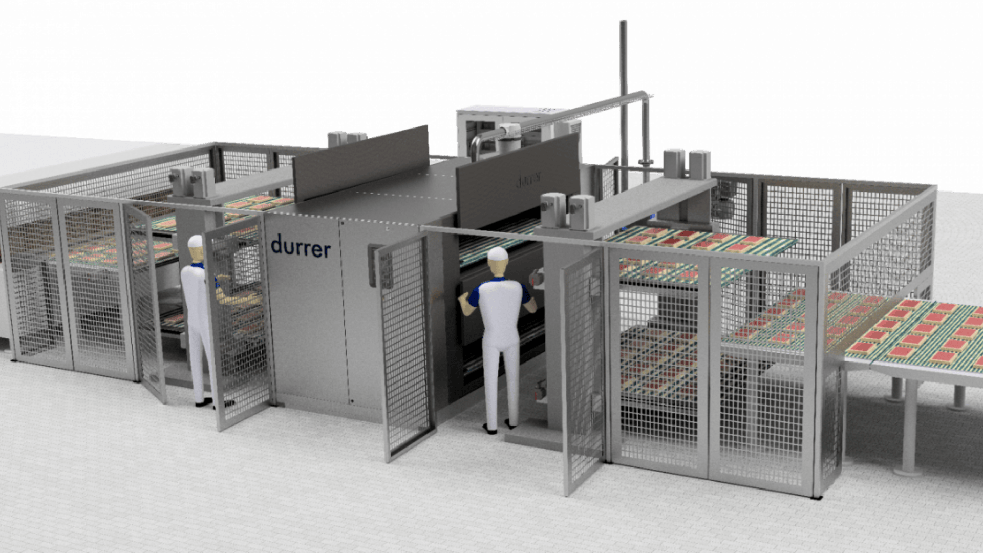 A large automated industrial machine labeled durrer processes sheets while two workers in safety gear operate and monitor the system inside a fenced enclosure. Sheets are stacked on tables at either end.