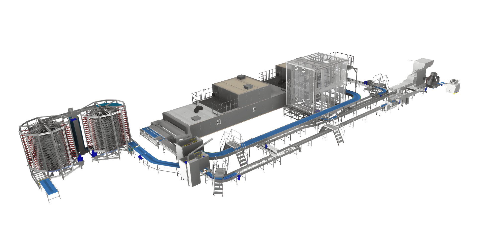 A large industrial food processing and packaging line with multiple conveyor belts, spiral coolers, metal machinery, and elevated platforms against a white background.
