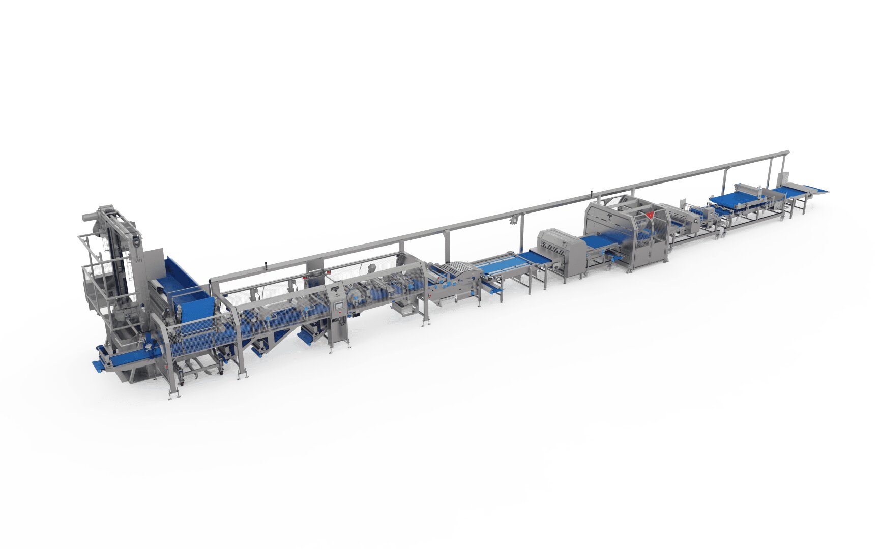 Eine lange, industrielle Lebensmittelverarbeitungsmaschine mit mehreren Förderbändern und Komponenten aus rostfreiem Stahl, konzipiert für die automatische Montage oder Verpackung, vor einem schlichten weißen Hintergrund.