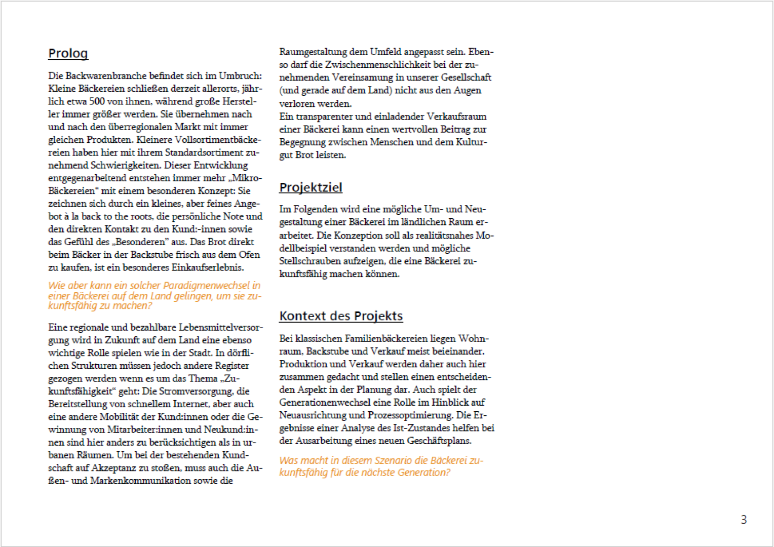 Ein deutsches Textdokument mit drei Abschnitten: Prolog, Projektziel und Kontext des Projekts. Einige Sätze sind zur Hervorhebung gelb hervorgehoben. Die Seitenzahl 3 erscheint unten rechts.