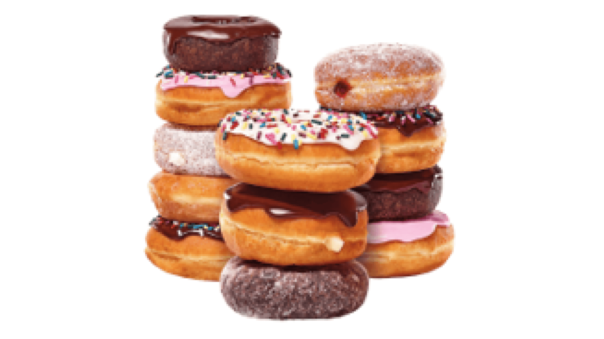 Ein Stapel verschiedener Donuts, darunter solche mit Schokoladenglasur, rosa Zuckerguss und Streuseln, Puderzucker und einfache Sorten, angeordnet vor einem weißen Hintergrund.