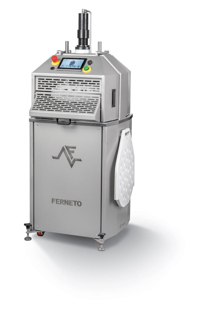 Industrial stainless steel machine labeled FERNETO with control buttons, display screen, and vented panel, designed for food processing or bakery use, standing on adjustable legs with a detachable white side panel.