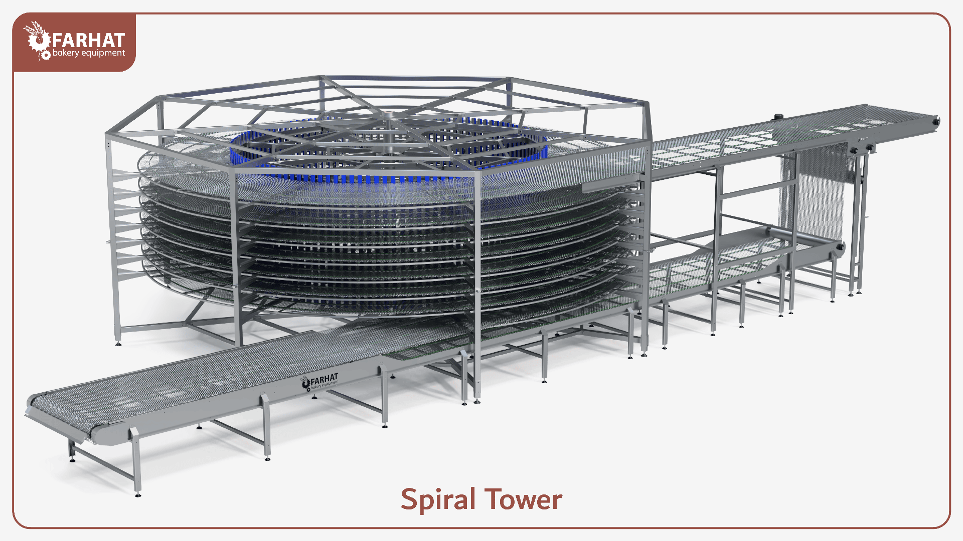 A large industrial spiral tower conveyor system made of metal, with multiple stacked circular conveyor belts and an extended entry and exit conveyor, used for bakery equipment. The words “Spiral Tower” are written below.