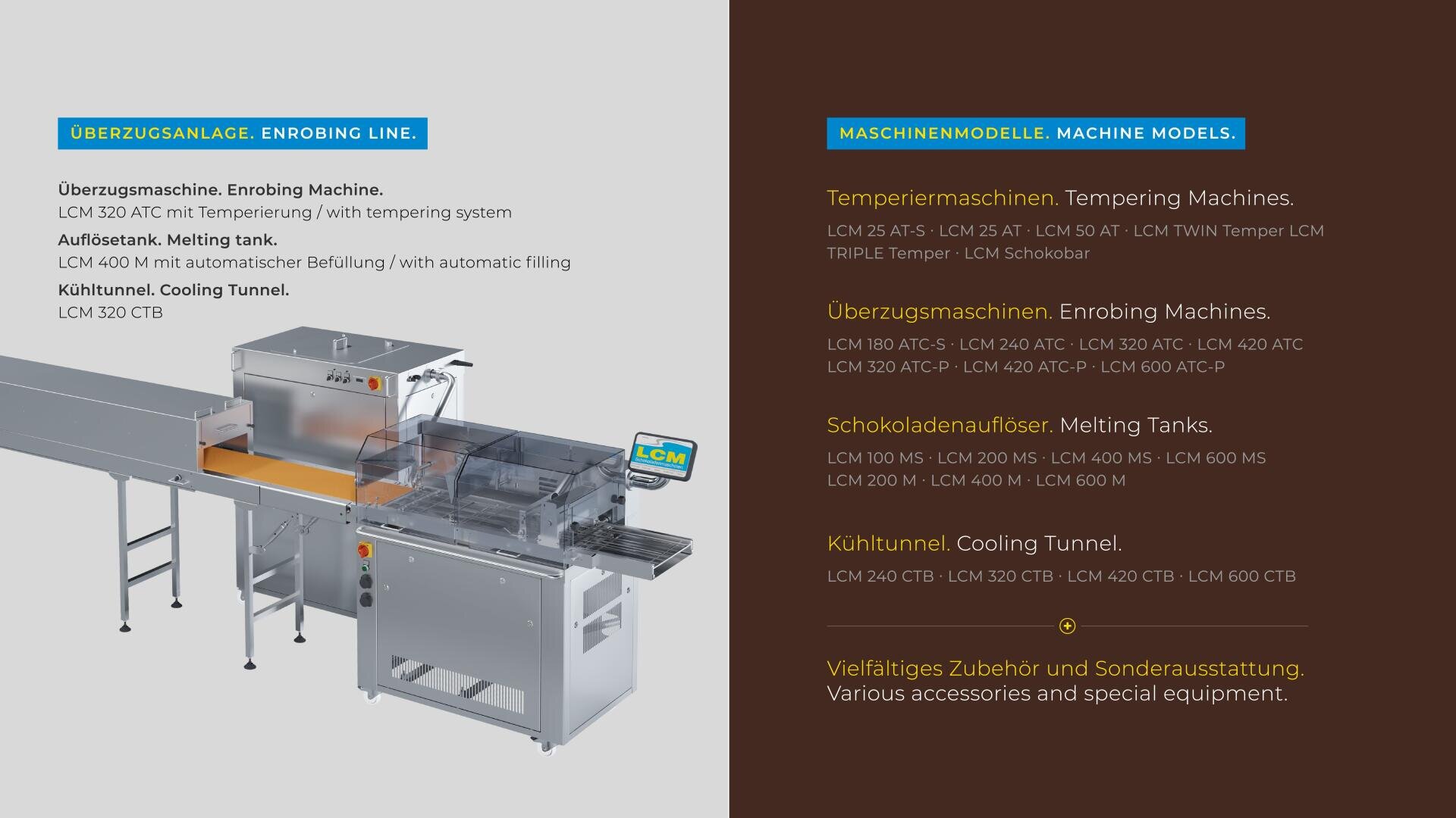 Eine Überziehmaschine und ein Kühltunnel aus Edelstahl auf der linken Seite, mit deutschem und englischem Text, der Maschinen und Zubehör für die Schokoladenherstellung auf gelbem und braunem Hintergrund auf der rechten Seite auflistet.