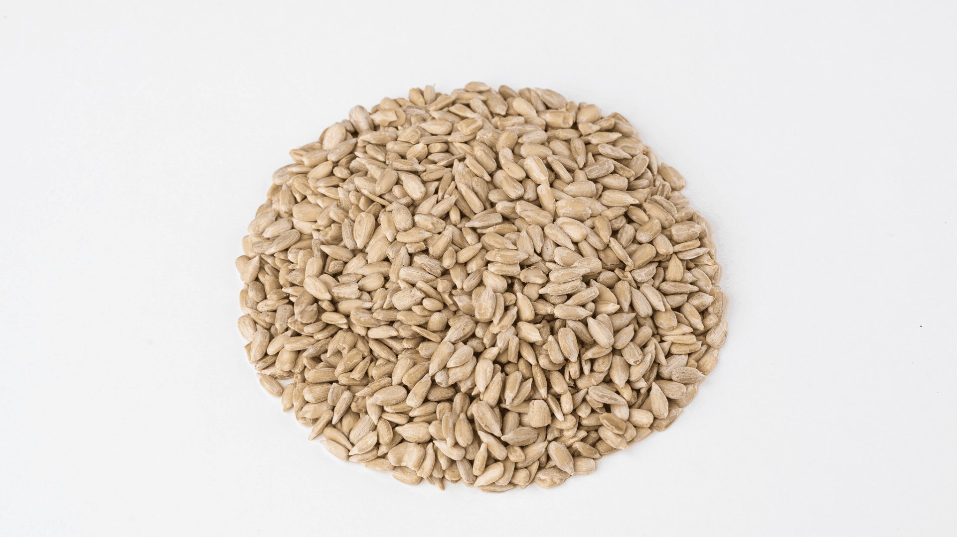 A pile of shelled sunflower seeds arranged in a circular shape on a plain white background.