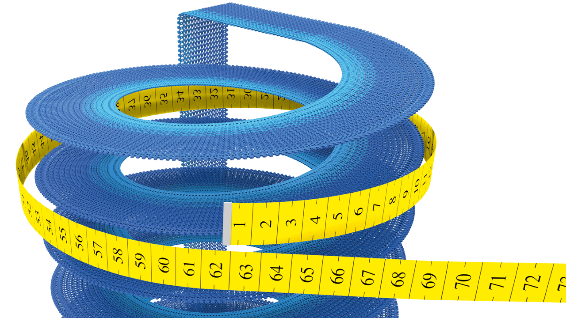 Ein gelbes Maßband umschließt eine blaue Spiralstruktur. Entlang des Bandes sind schwarze Zahlen zu sehen. Die Spirale windet sich nach oben, und die Szene ist vor einem weißen Hintergrund angeordnet.