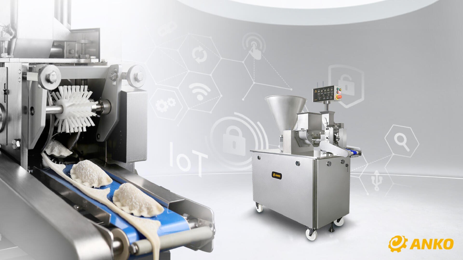 A stainless steel dumpling-making machine in a bright, modern setting, with a close-up of dumplings being formed on the left. Digital icons and the ANKO logo are visible in the background.