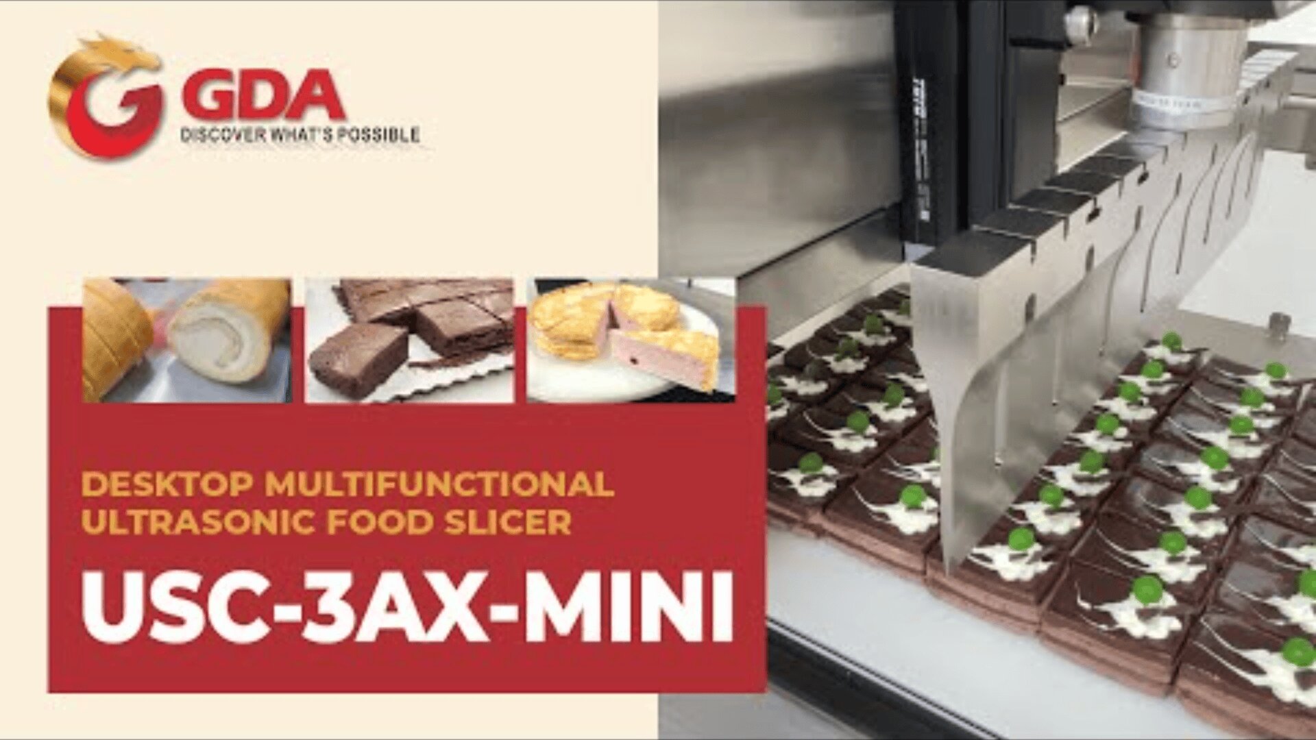Promotional image for the GDA USC-3AX-MINI desktop multifunction ultrasonic slicer, showing the machine slicing decorated chocolate desserts, with product photos and branding on the left.
