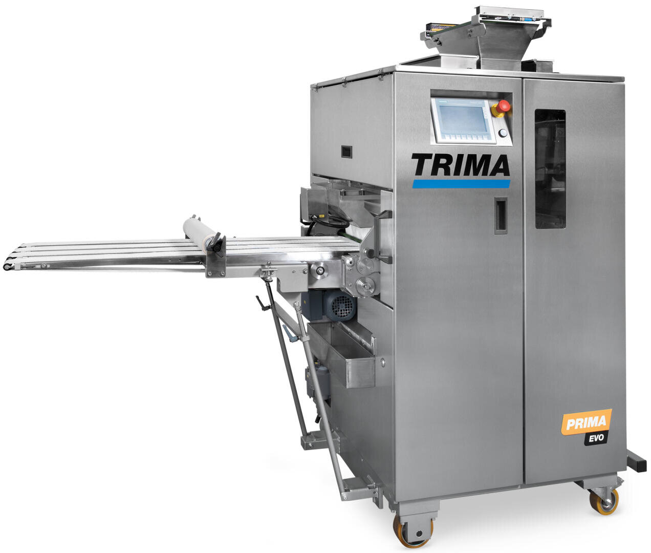 A stainless steel industrial machine labeled TRIMA PRIMA EVO with a touchscreen display, conveyor belts, and wheels, designed for automated processing or manufacturing in a food production setting.