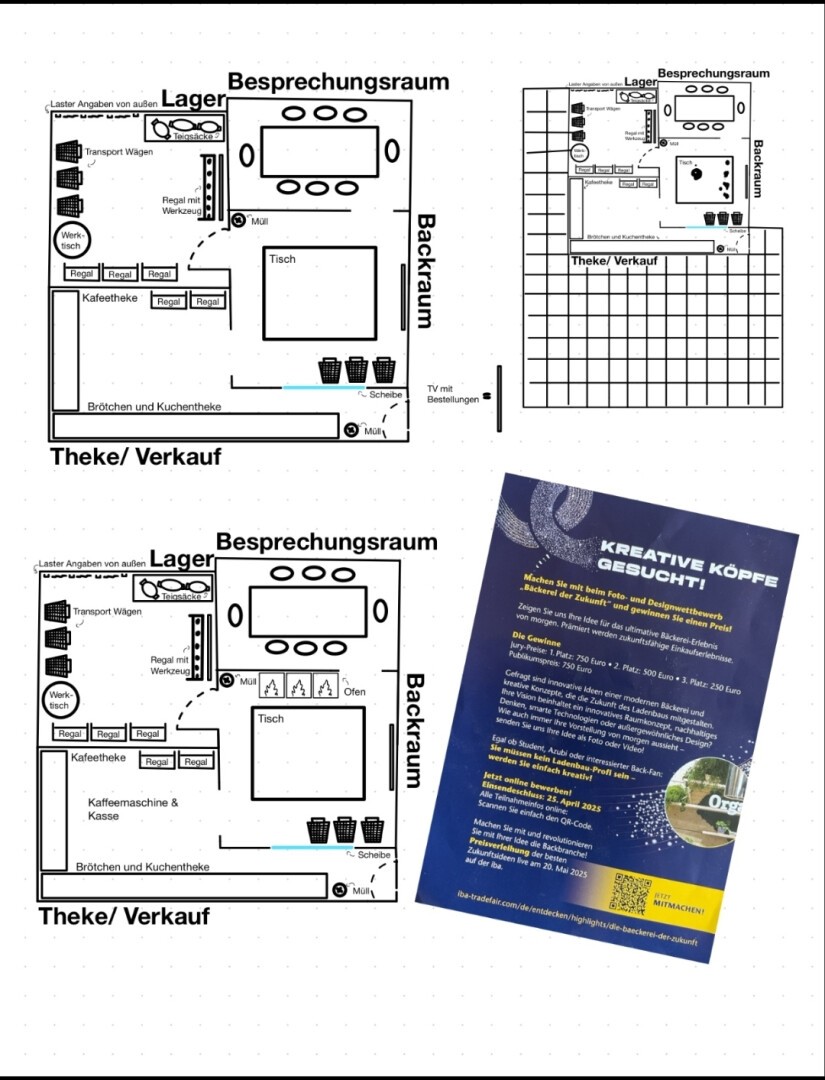 Über einem blau-gelben, leicht geneigten Rekrutierungsflyer in deutscher Sprache sind zwei schwarz-weiße Grundrisse zu sehen. Der Flyer enthält Text, Grafiken und ein rundes Foto von Menschen in einem kreativen Arbeitsbereich.