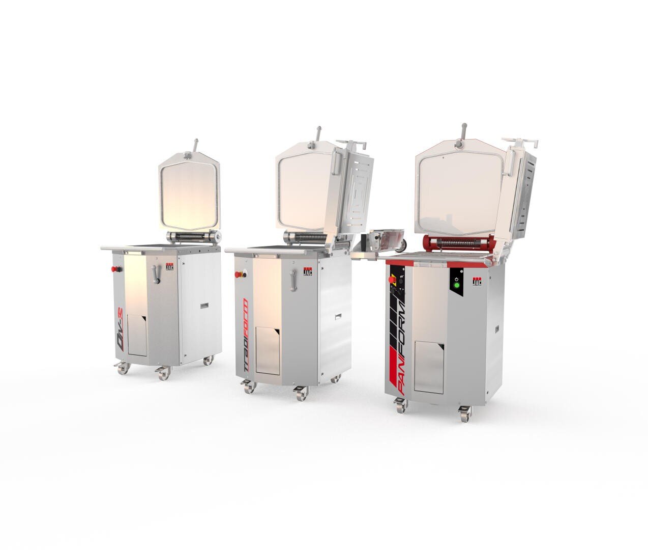 Three stainless steel industrial vacuum sealers with open lids, each on wheels, are arranged in a row on a white background. The machines have control panels and slightly different designs.