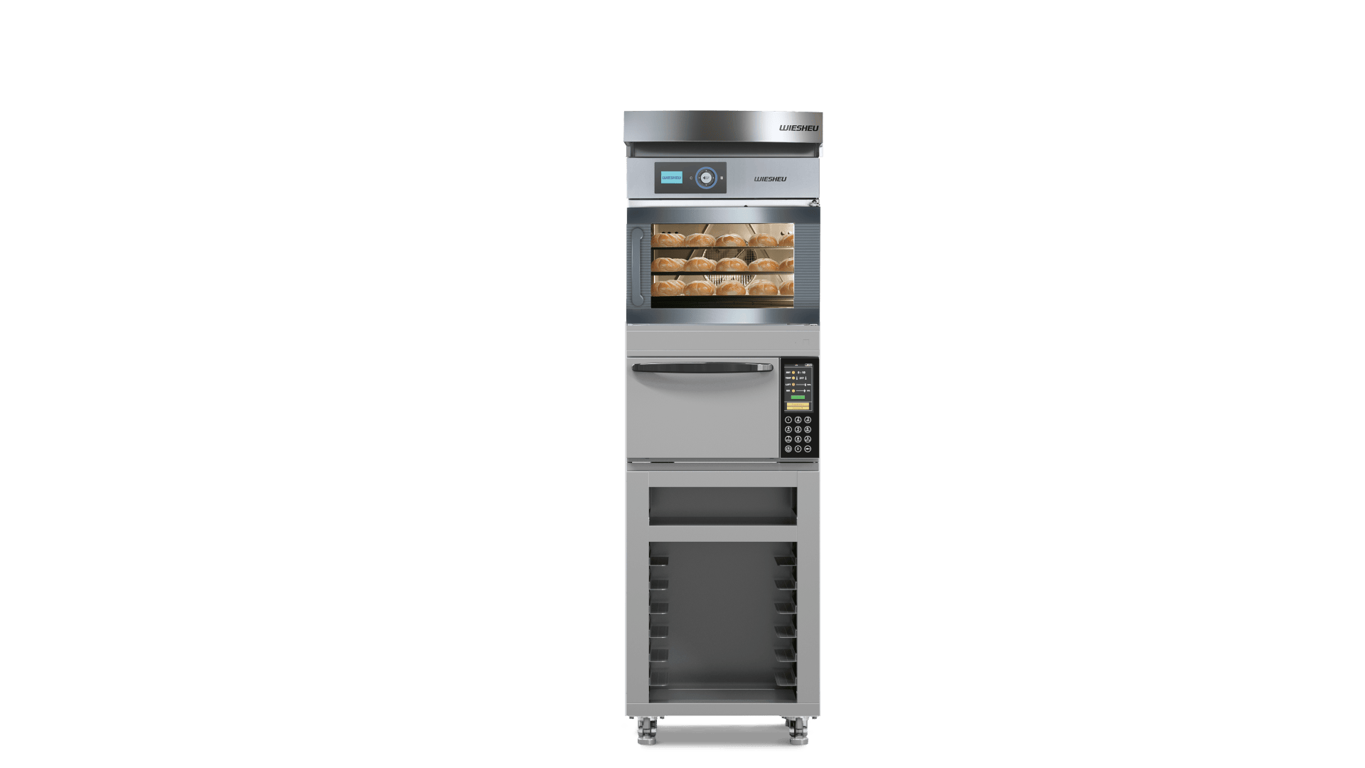 Ein gewerbliches Küchengerät mit drei Bereichen: einem digitalen Backofen mit Backblechen, einem mittleren Bereich, der einer Mikrowelle ähnelt, und einem offenen unteren Bereich mit Regalen, alles aus Edelstahl.
