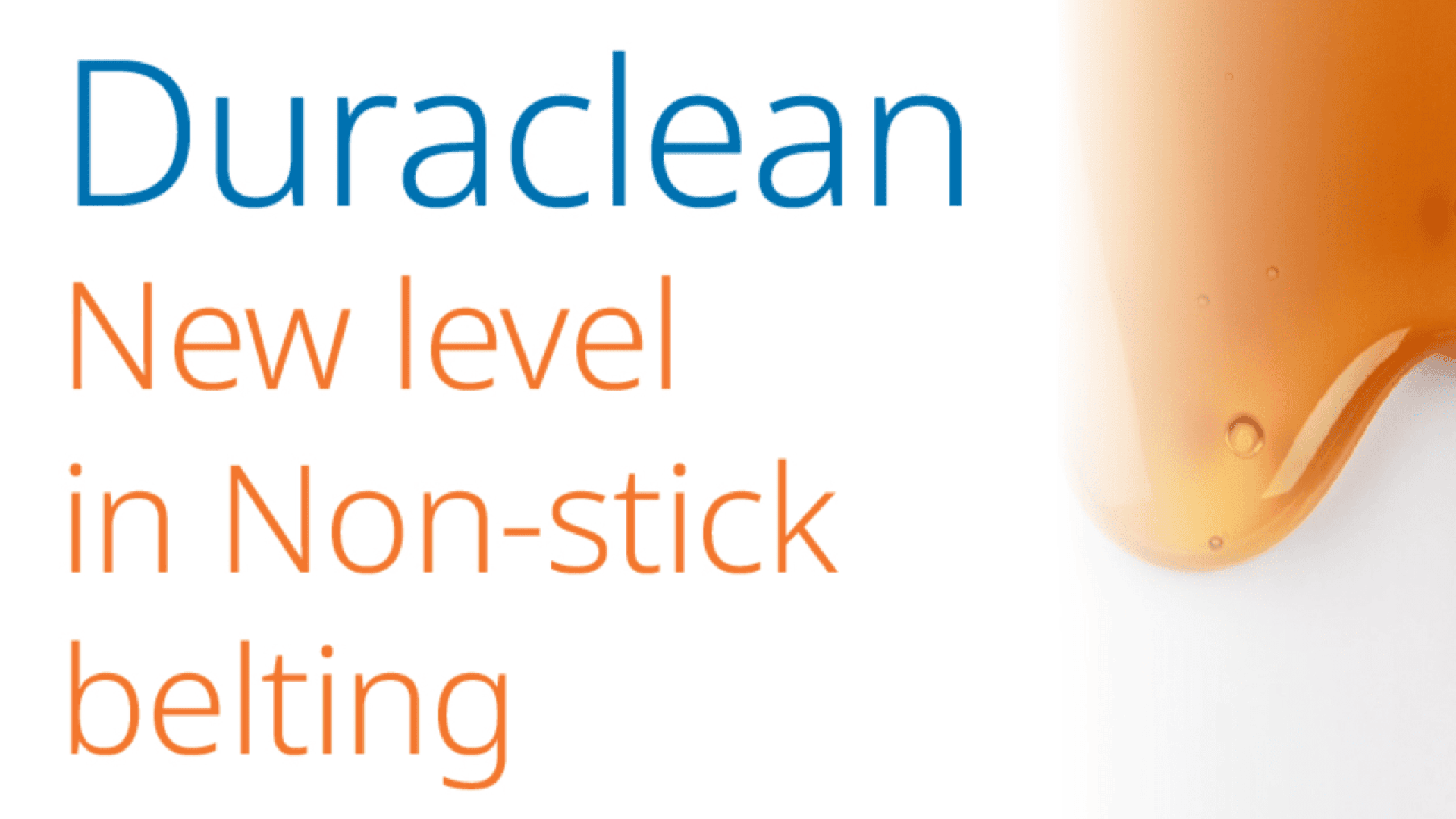 Der Text auf dem Bild lautet: Duraclean. Neuer Stand der Antihaftbeschichtung mit einer Teilansicht der bernsteinfarbenen Flüssigkeit auf der rechten Seite.