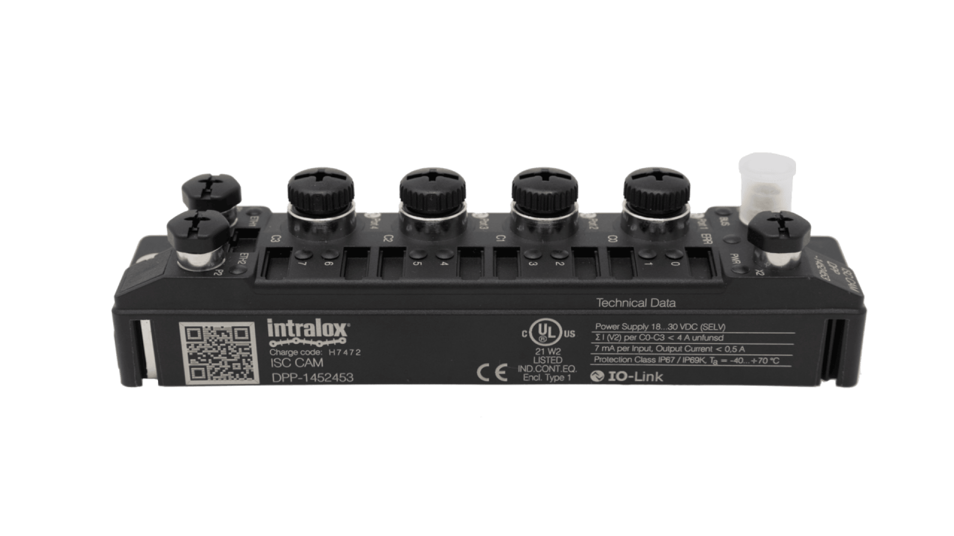 A black Intralox industrial component with multiple round connectors, labeled ports, and technical data on its surface. It features certification marks, a QR code, and visible connection points.