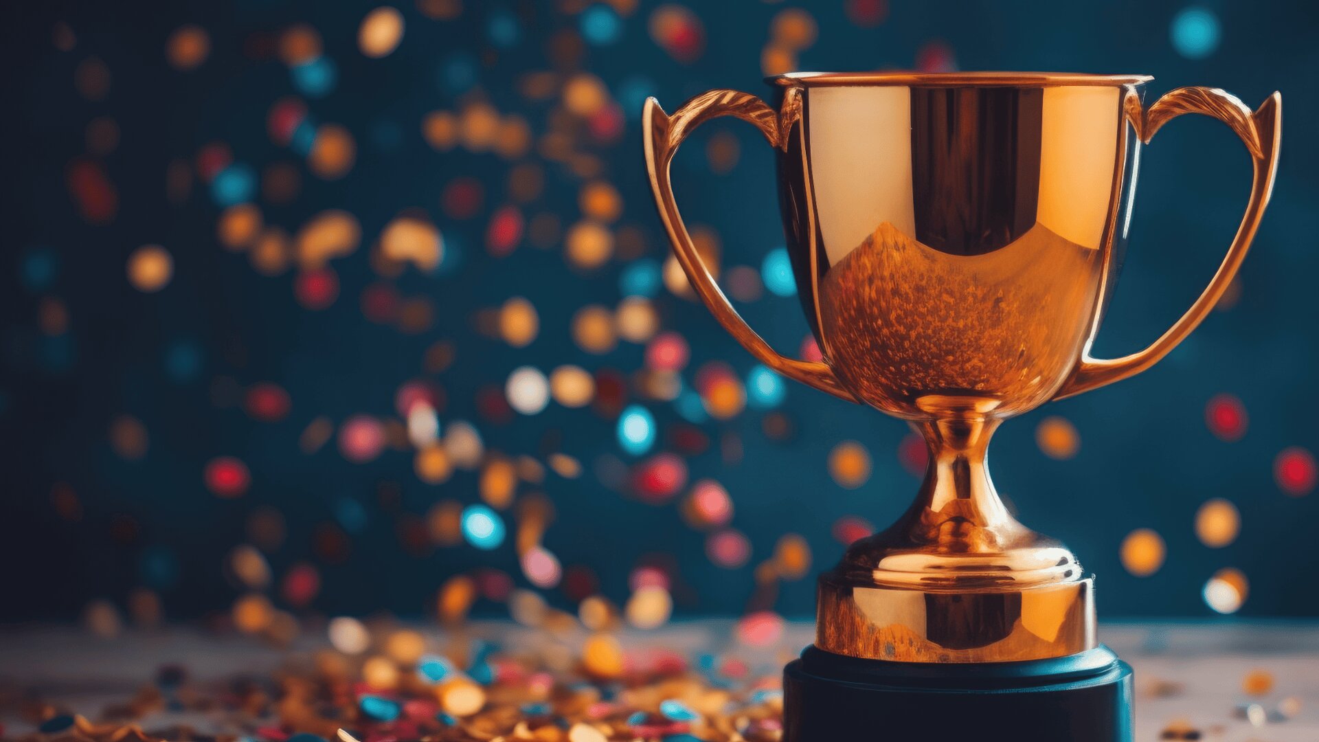 Ein goldener Pokal steht auf einem Tisch, auf dem im Hintergrund buntes Konfetti schwebt, das Feier und Erfolg symbolisiert.