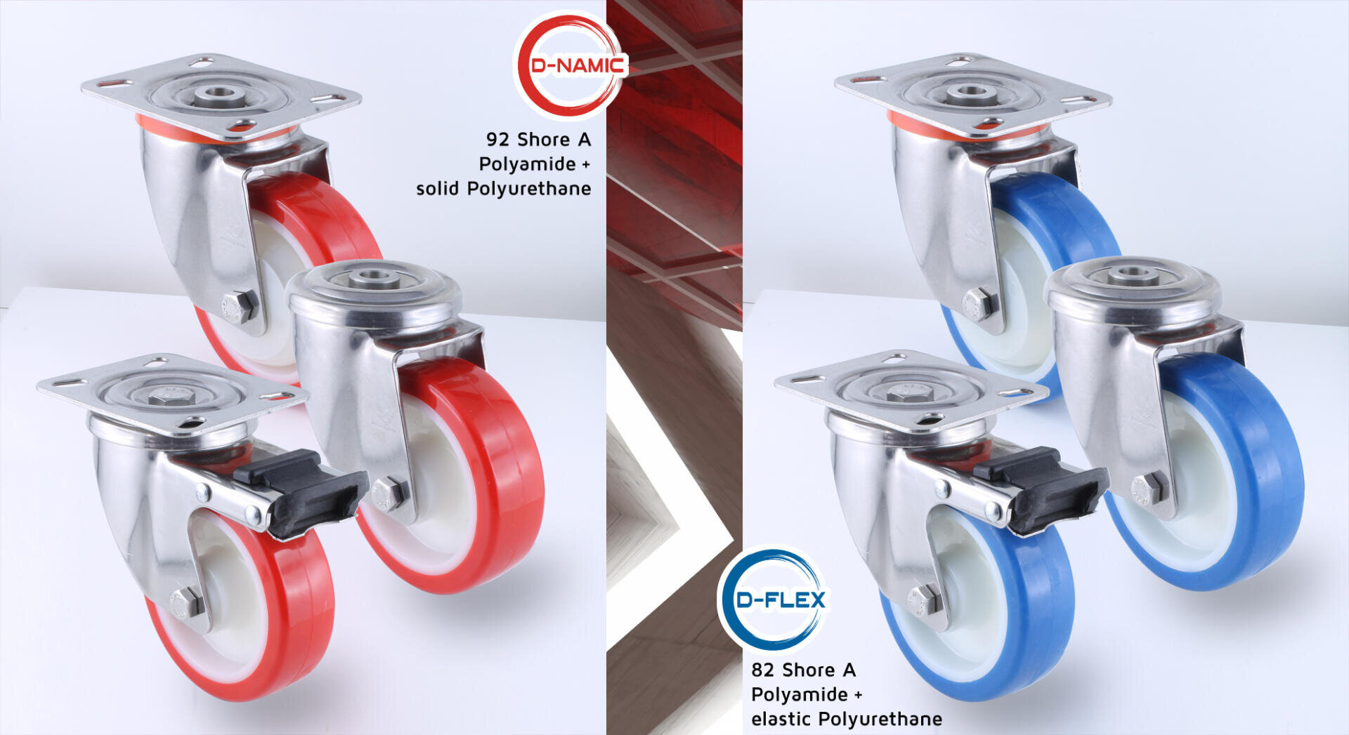 Four industrial caster wheels are shown, two with red solid polyurethane tires labeled D-NAMIC (92 Shore A) and two with blue elastic polyurethane tires labeled D-FLEX (82 Shore A), mounted on metal brackets.