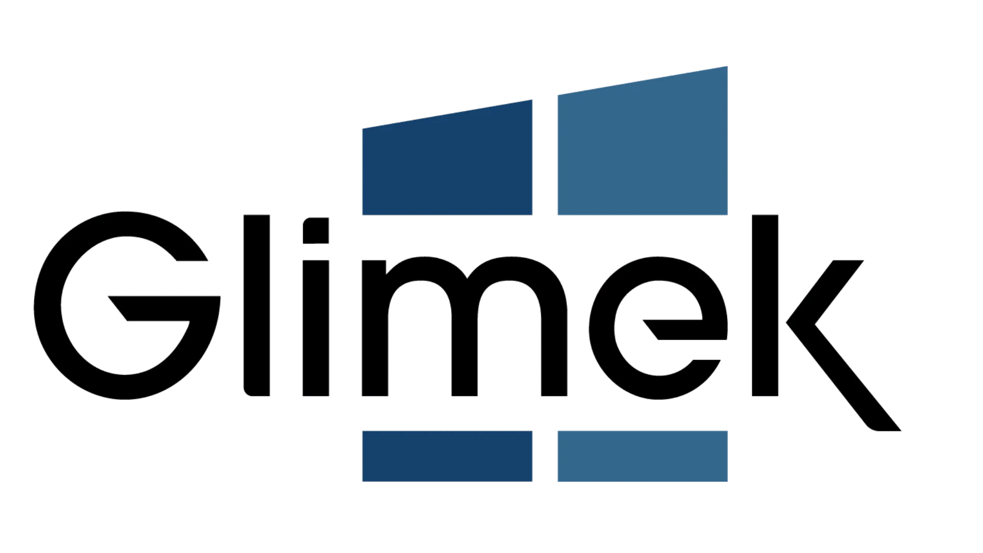 Das Bild zeigt das Wort Glimek in schwarzer Schrift, teilweise überlagert von einer blauen fensterähnlichen Grafik, die aus vier rechteckigen Scheiben besteht, die in einem 2x2-Raster angeordnet sind.