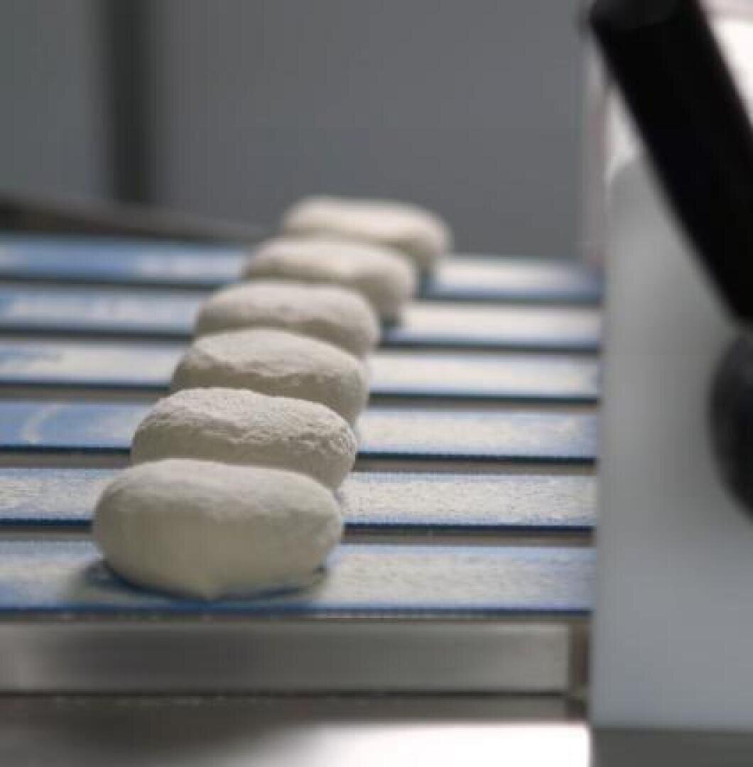 Six pieces of dough are lined up in a row on a conveyor belt, likely part of a food processing or baking operation. The background and edges are slightly out of focus.