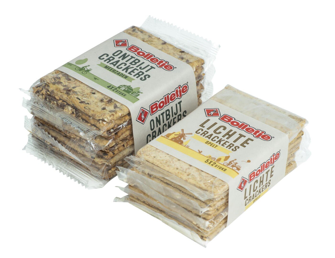 Zwei Stapel verpackter Bolletje-Cracker, einer mit der Aufschrift ONTBIJT CRACKERS mit Körnern, der andere mit der Aufschrift LICHTE CRACKERS mit 5 Körnern, beide in transparenten Verpackungen und teilweise überlappend auf weißem Hintergrund.