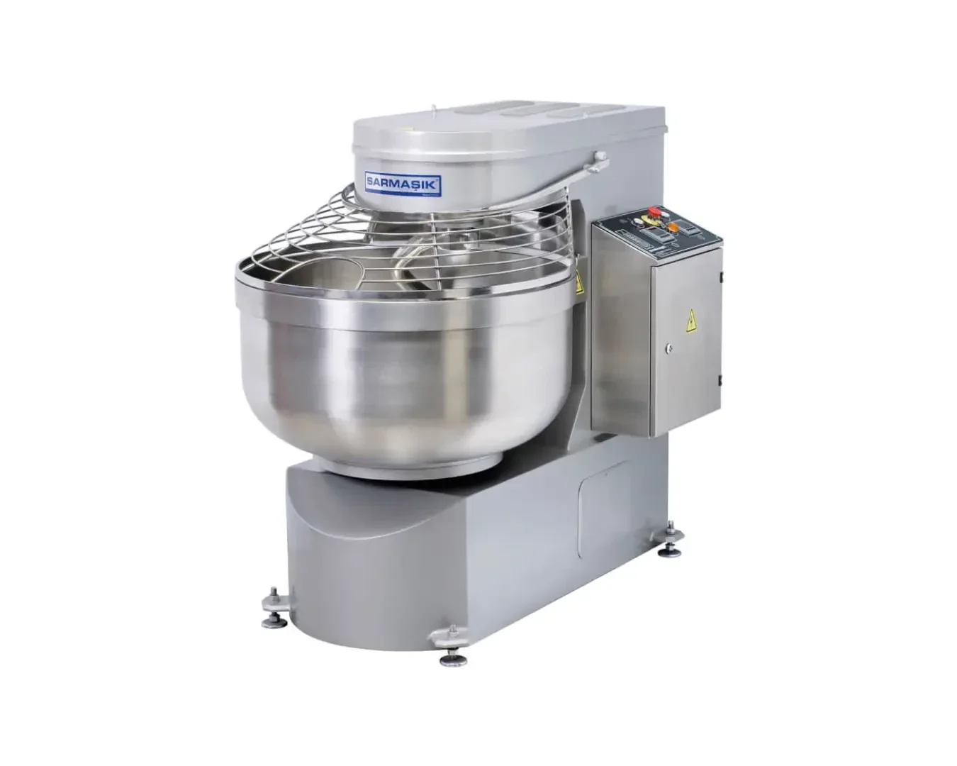 A large, industrial spiral dough mixer with a stainless steel bowl, protective wire guard, and control panel on the side, set against a plain white background.