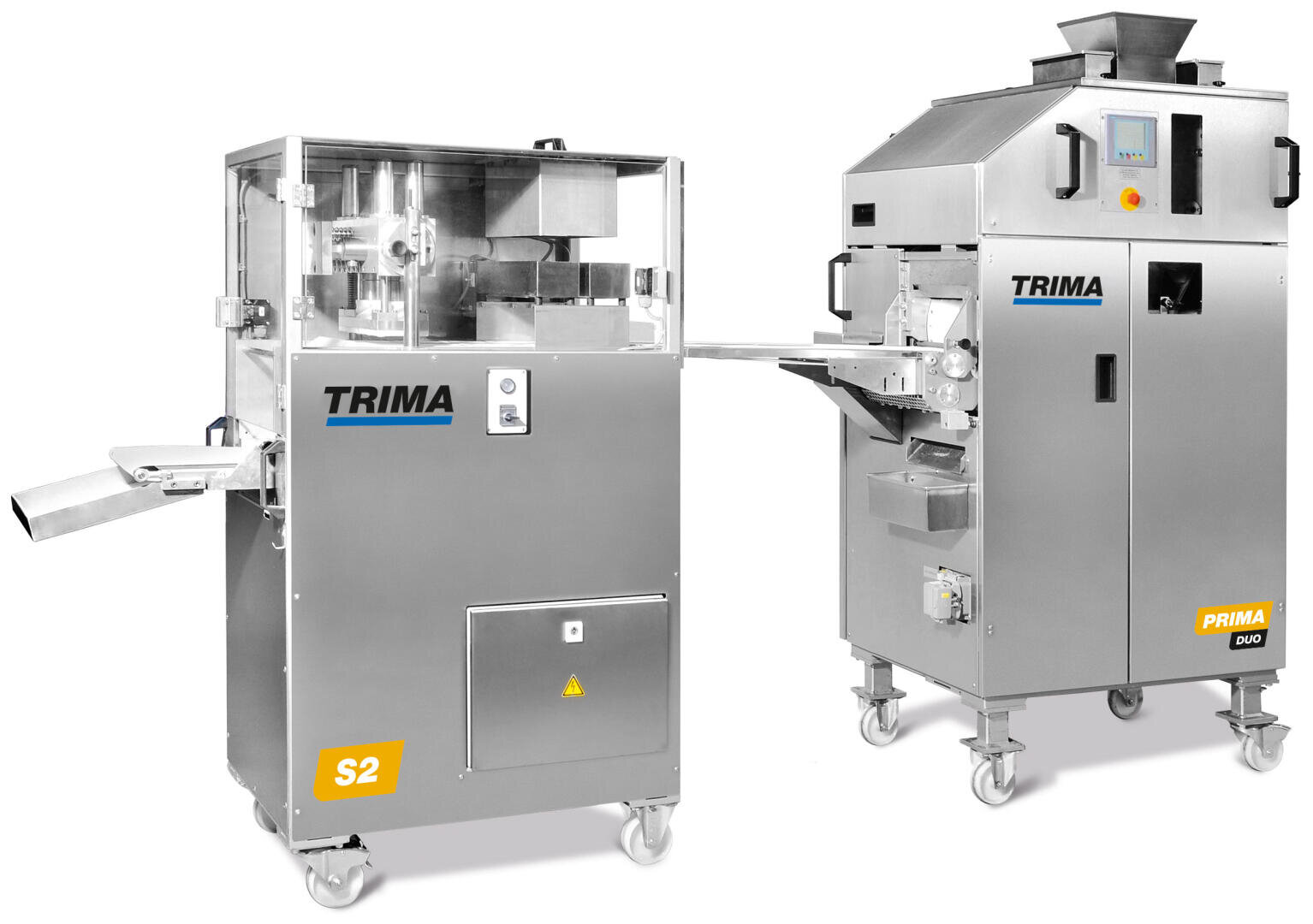 Zwei industrielle Brotverarbeitungsmaschinen auf Rädern aus Edelstahl mit der Aufschrift TRIMA. Die linke Maschine trägt die Bezeichnung S2 und die rechte Maschine die Bezeichnung PRIMA DUO. Beide haben Schalttafeln und Förderelemente.
