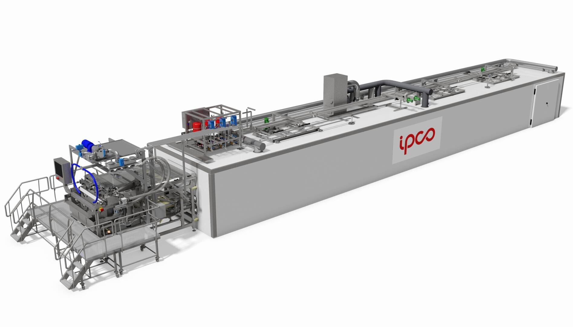 Eine große industrielle Lebensmittelverarbeitungsmaschine mit Laufstegen und Metallkomponenten, an der Seite mit der Aufschrift „ipco“ gekennzeichnet, die für die automatisierte Produktion in einer Fertigungsanlage konzipiert ist.