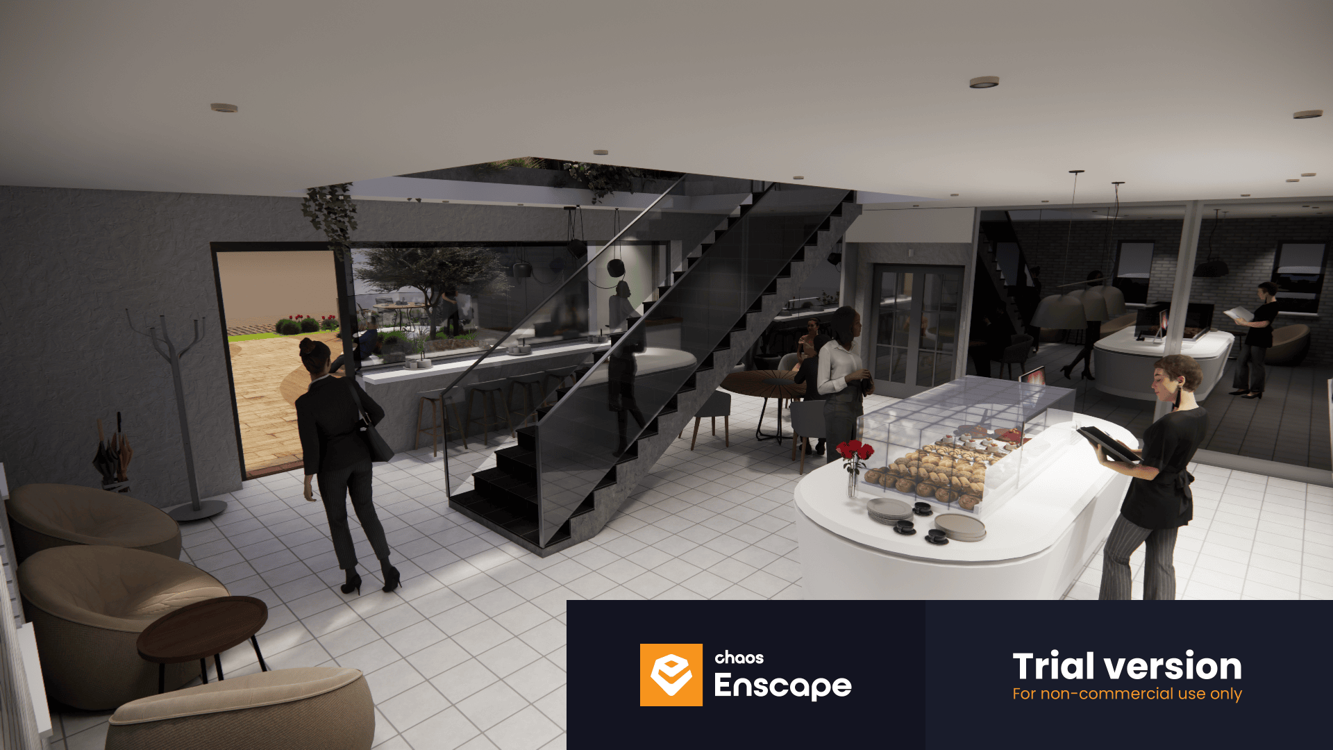 Ein modernes Café mit weißen Fliesenböden, einer zentralen Treppe, Sitzbereichen und einer Theke mit Gebäck. Mehrere Personen sind anwesend, und Sonnenlicht fällt durch eine offene Tür herein. Das Wasserzeichen der Testversion ist sichtbar.